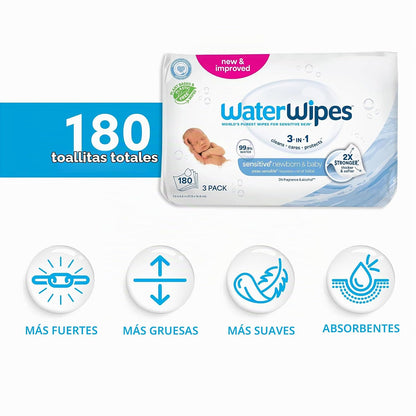WaterWipes Sensitive+ Toallitas 3 en 1 para recién nacidos y bebés,...
