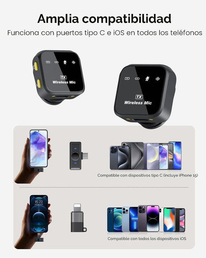Micrófono inalámbrico Lavalier para iPhone iPad Android con estuche...