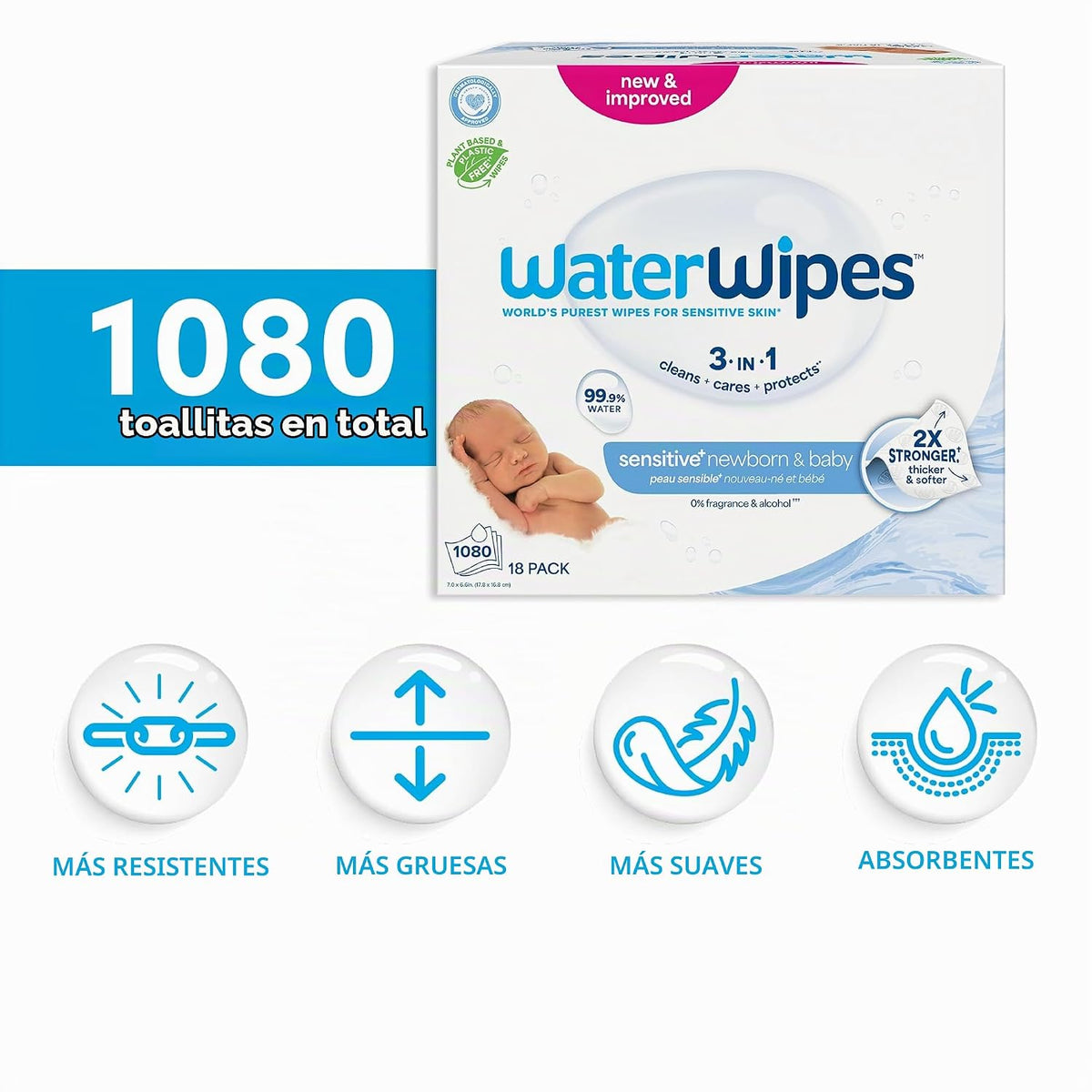 WaterWipes Sensitive+ Toallitas para recién nacidos y bebés, 3 en 1...
