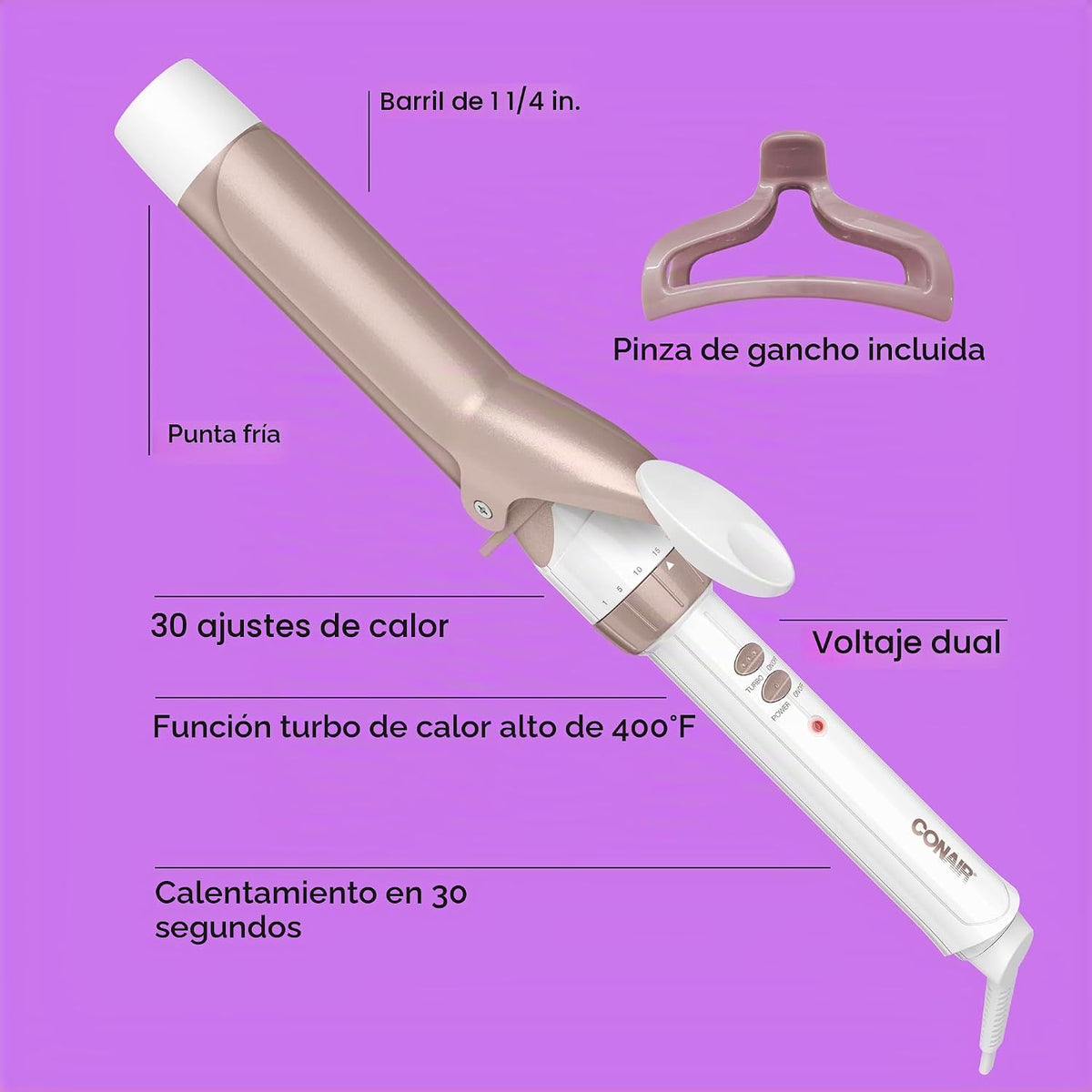 Conair Rizador de cerámica doble de 1 ¼ pulgadas con clip de garra,...