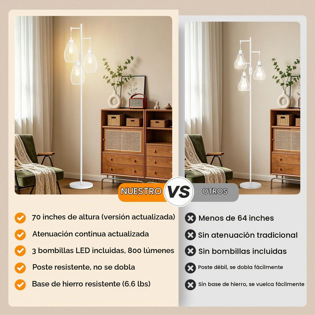 Lámpara de pie regulable, 3 bombillas LED Edison de 800LM incluidas...