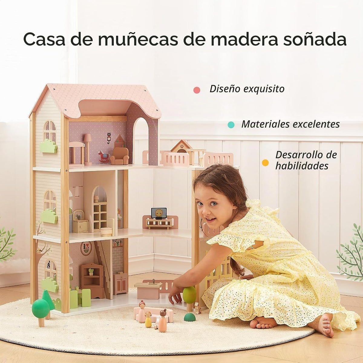 OOOK - Casa de muñecas de madera con 60 piezas de accesorios y mueb...