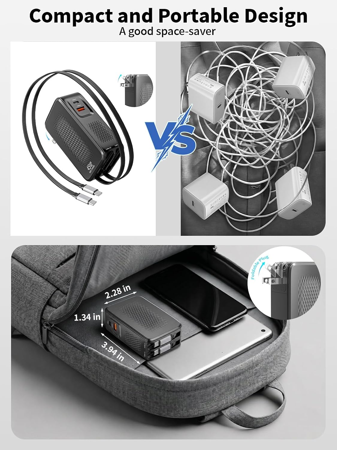 Cargador USB C retráctil, cargador de iPhone de 45 W, carga rápida,...