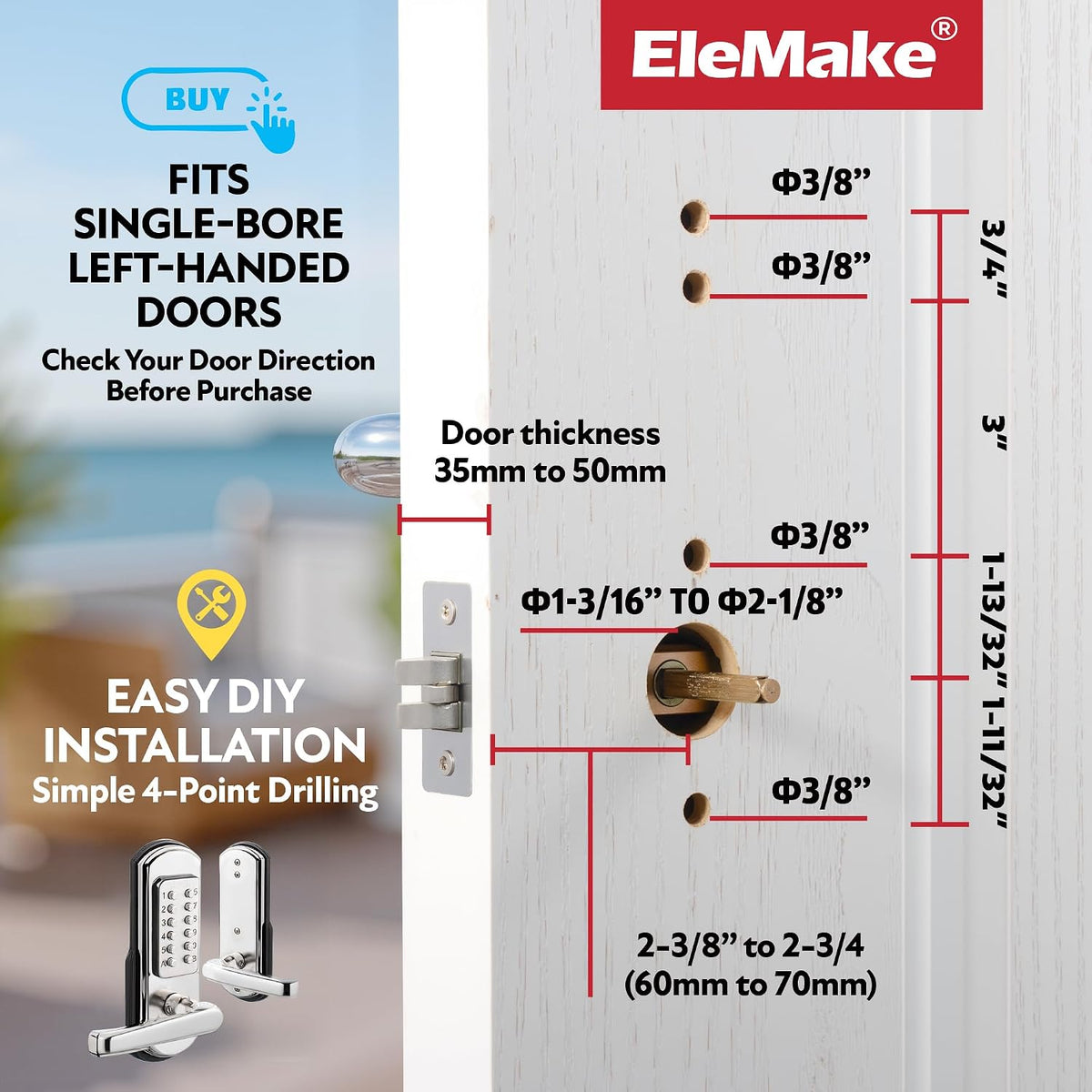 Elemake Cerradura de puerta sin llave para zurdos, cerradura de pue...