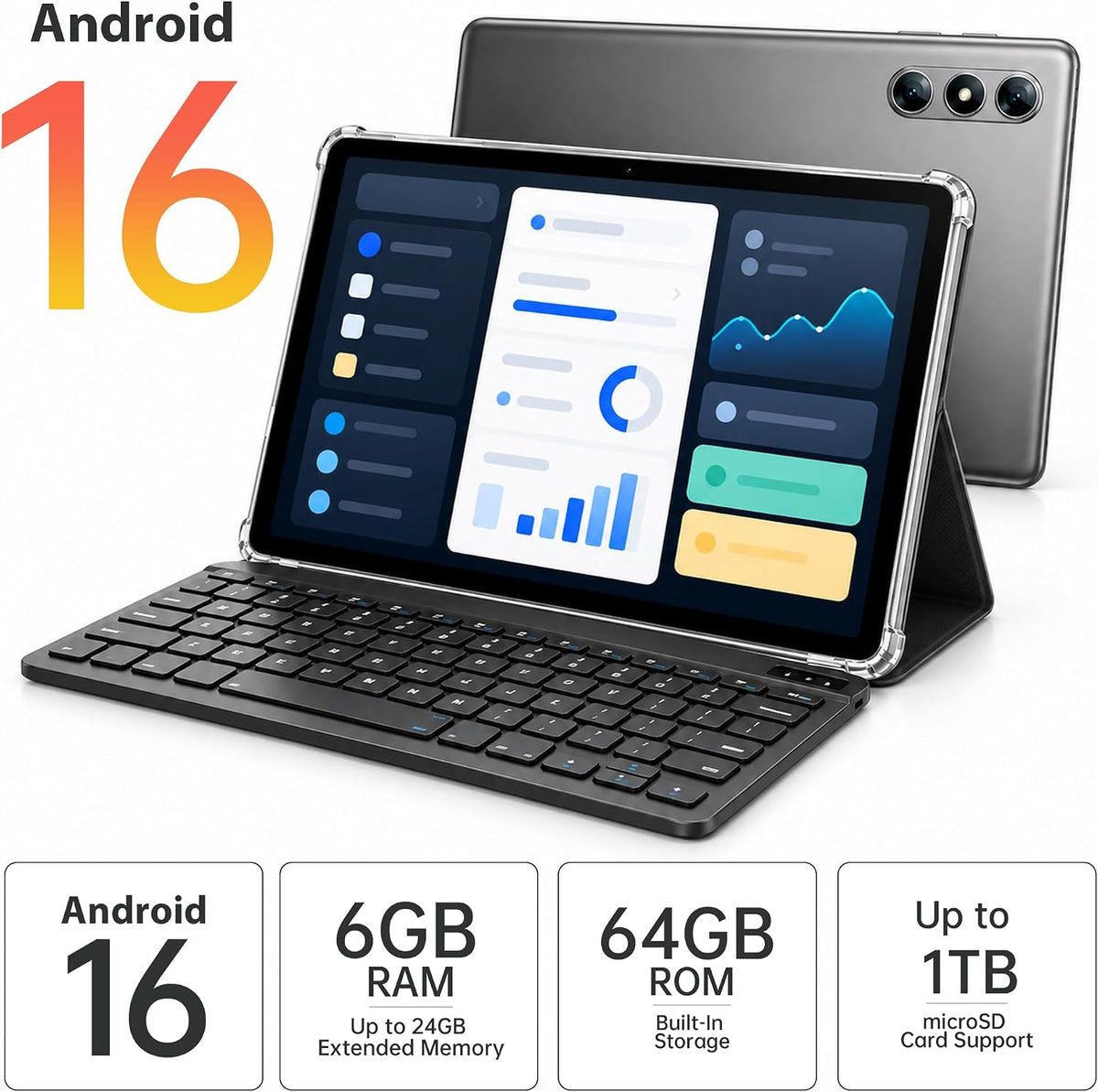 NextCheer Tablet Android 16 de 10.1" con teclado, 30 GB de RAM...