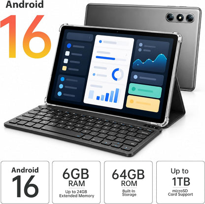 NextCheer Tablet Android 16 de 10.1" con teclado, 30 GB de RAM...