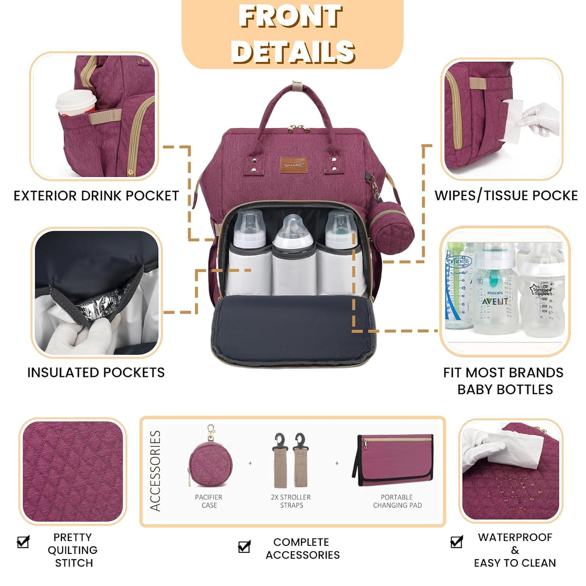 ROSEGIN Mochila para pañales con cambiador, funda para chupete, bol...