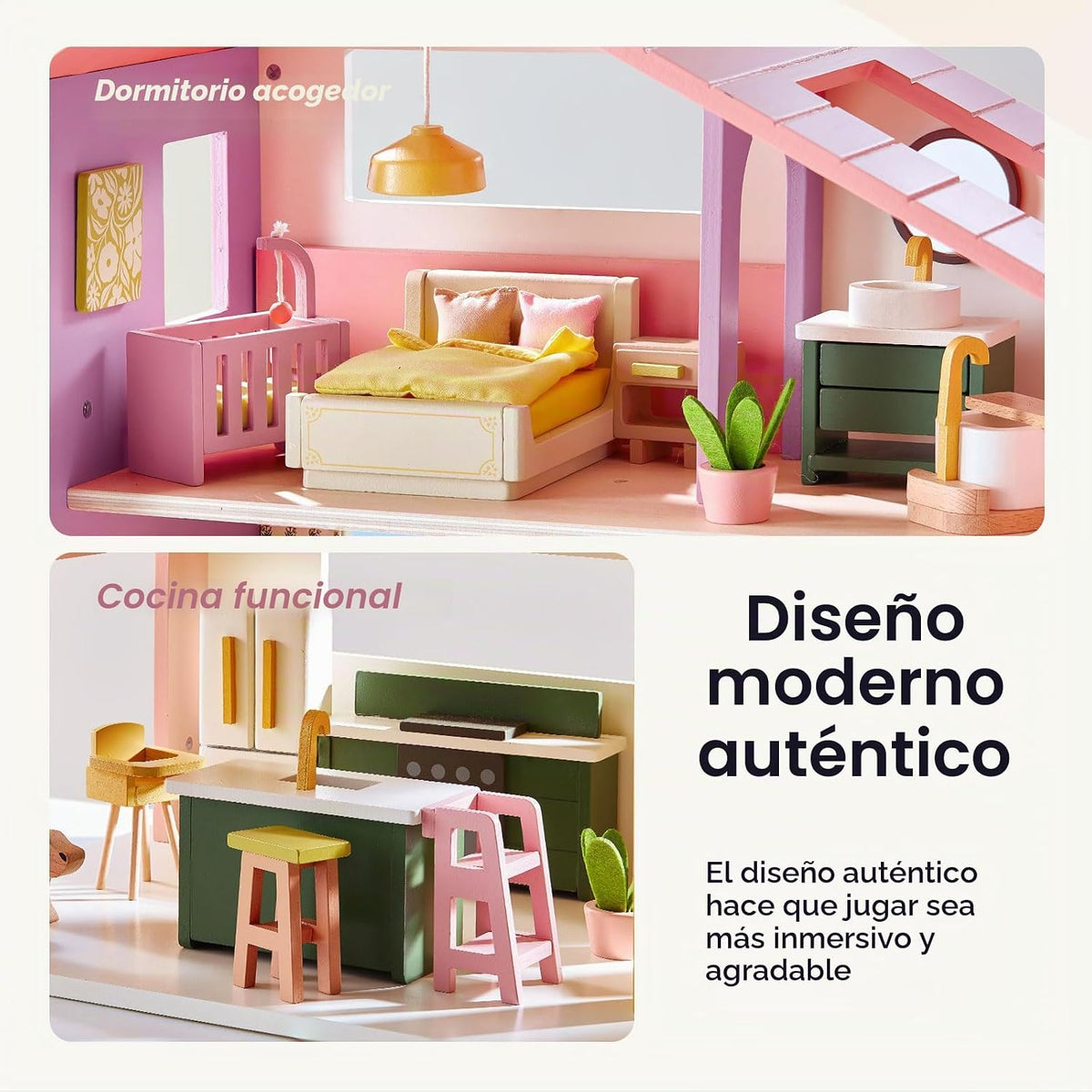 Tiny Land Casa de muñecas de madera, casa de muñecas familiar moder...