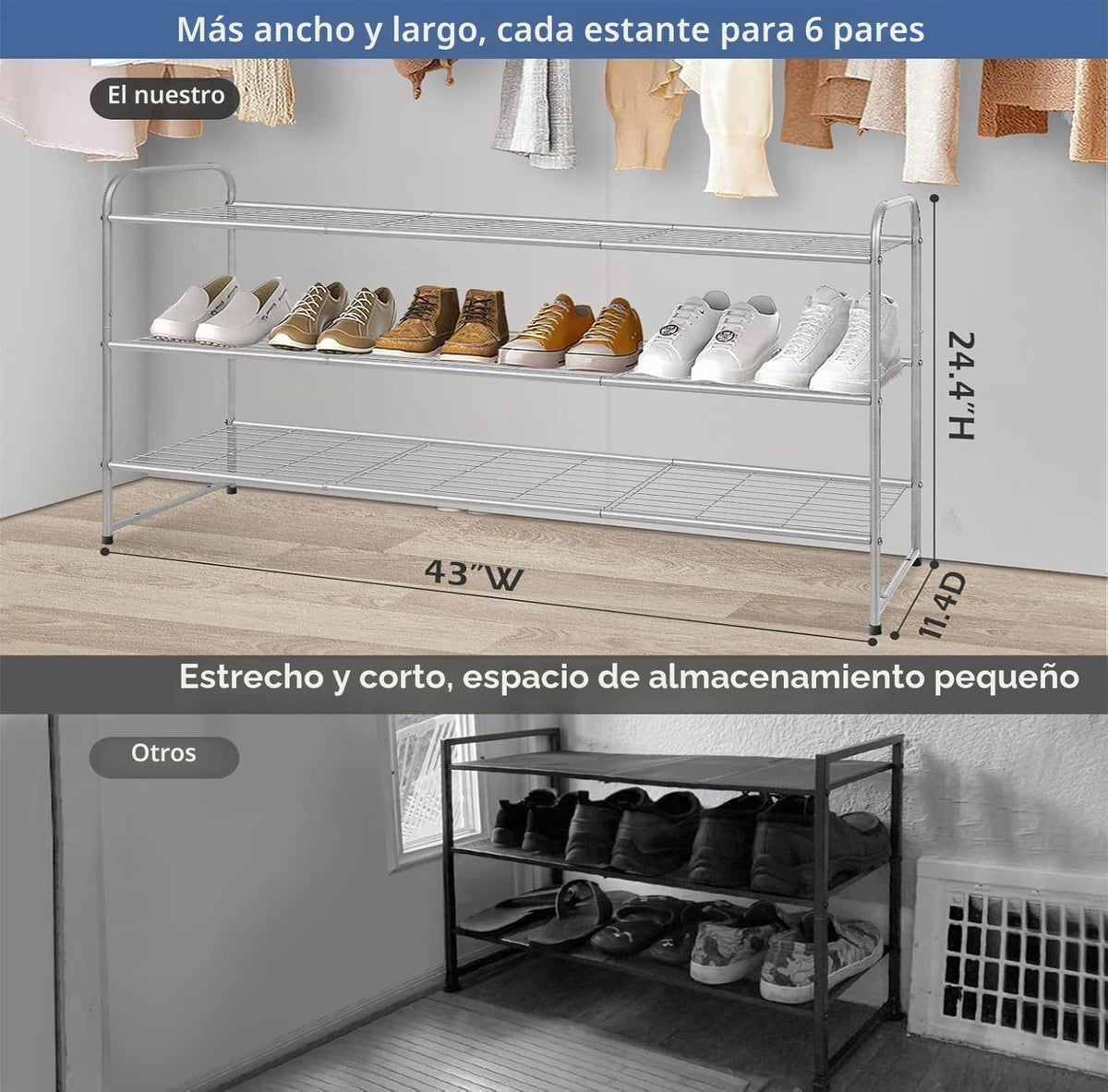 KEETDY Zapatero de 3 niveles de largo para armario, organizador de...