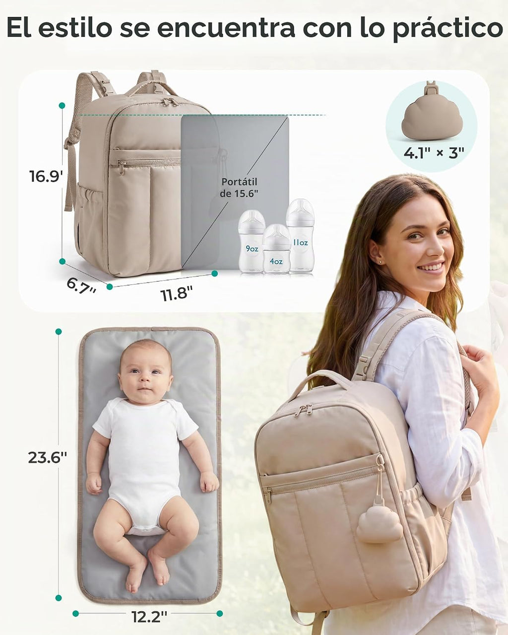 BAGSMART Mochila para pañales con bolsillos aislados y cambiador, c...