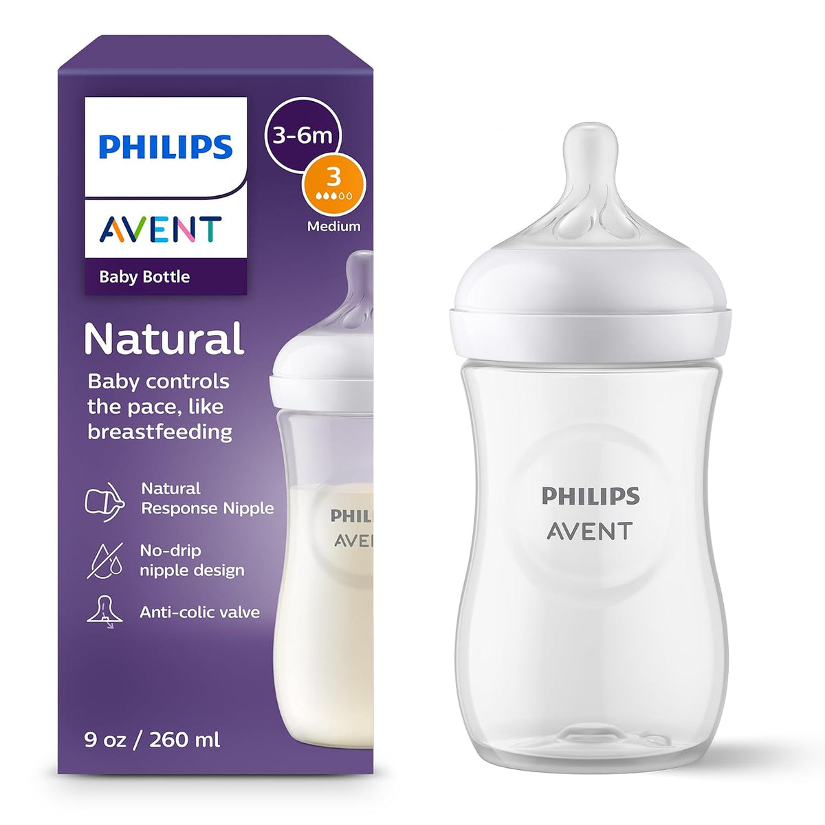 Philips Avent Biberones naturales, flujo medio, 9 onzas, sin BPA, p...