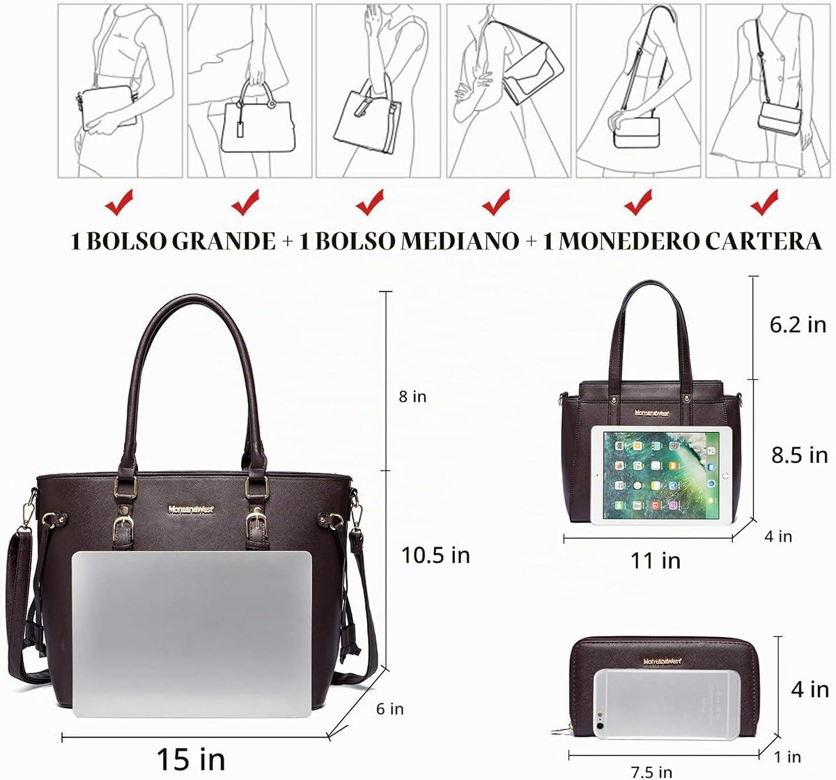 Montana West - Juego de 3 piezas de bolsos para mujer: bolso de man...