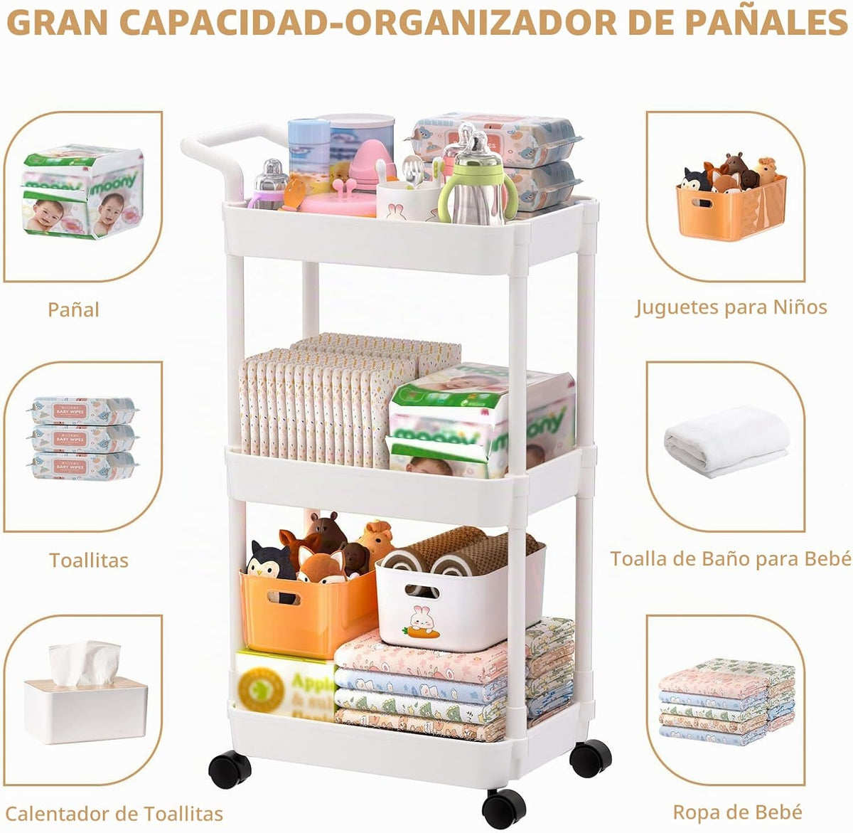 Carrito para pañales Volnamal, carrito rodante de 3 niveles para ar...