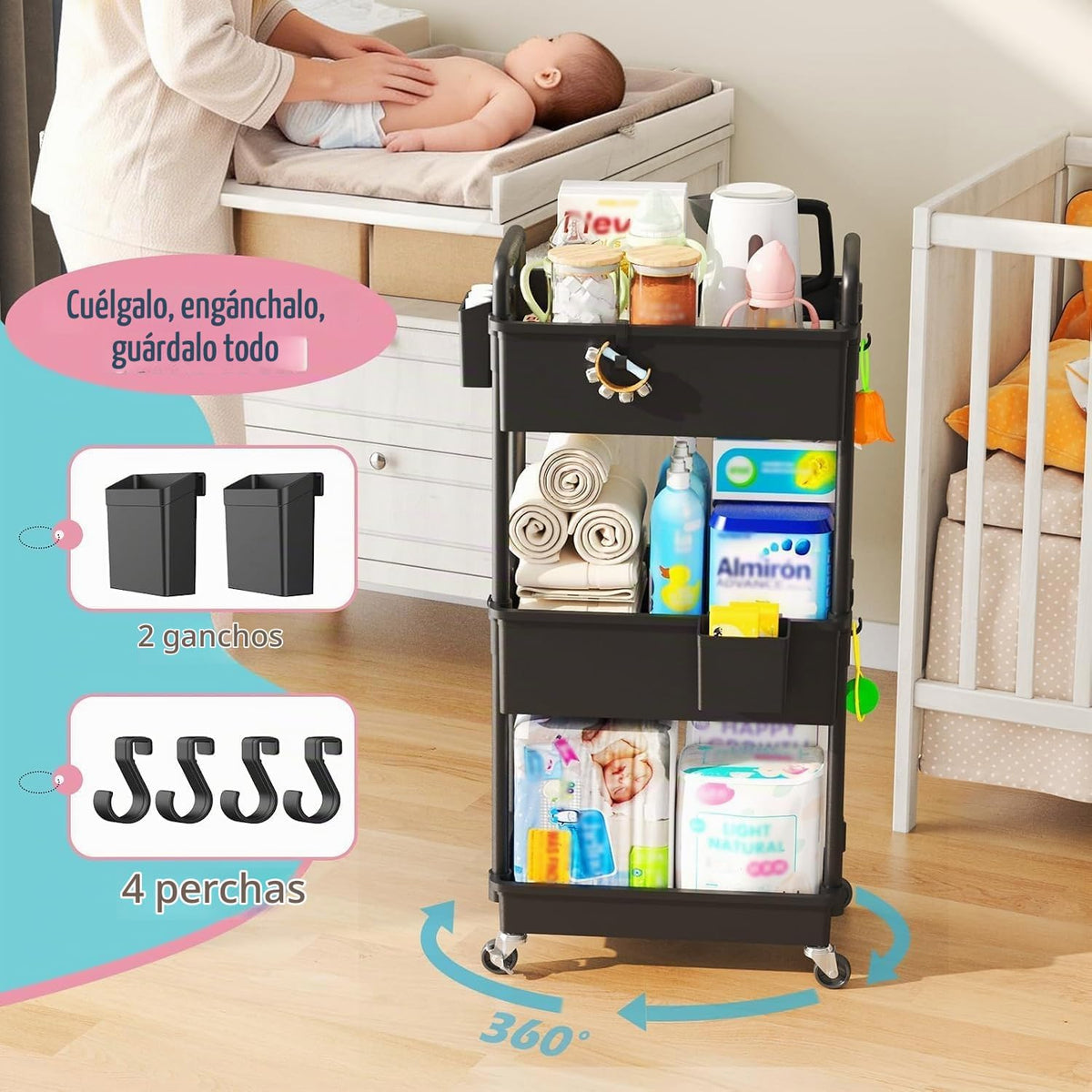 SUNALLY Carrito de pañales para bebés, carrito de pañales rodante d...