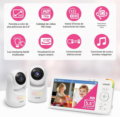 VTech Monitor de bebé con 2 cámaras sin WiFi y pantalla dividida IP...