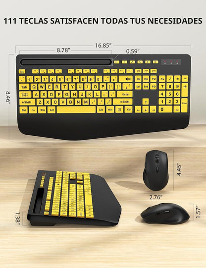 Combo de teclado y mouse inalámbricos: teclado ergonómico de impres...
