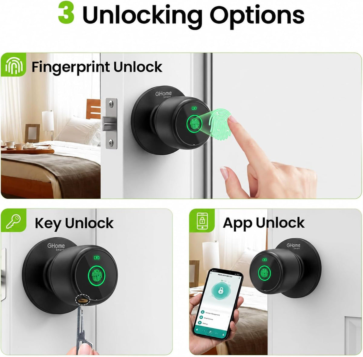 GHome Smart Cerradura de perilla de puerta con control de huellas |...