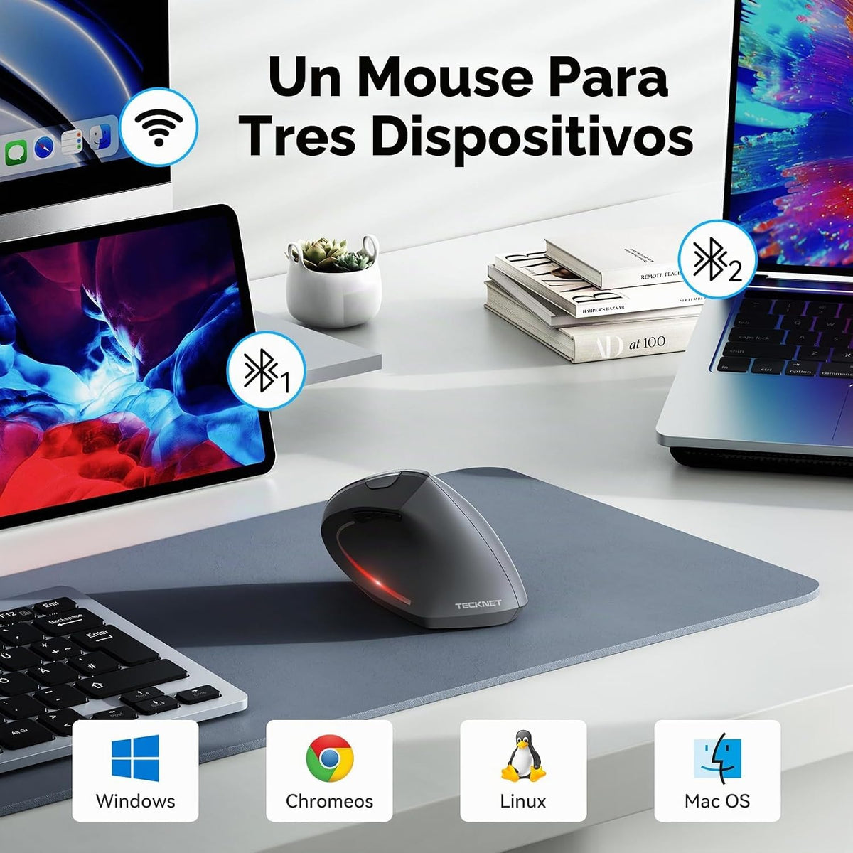 Ratón ergonómico TECKNET, 4800 DPI inalámbrico Bluetooth vertical,...