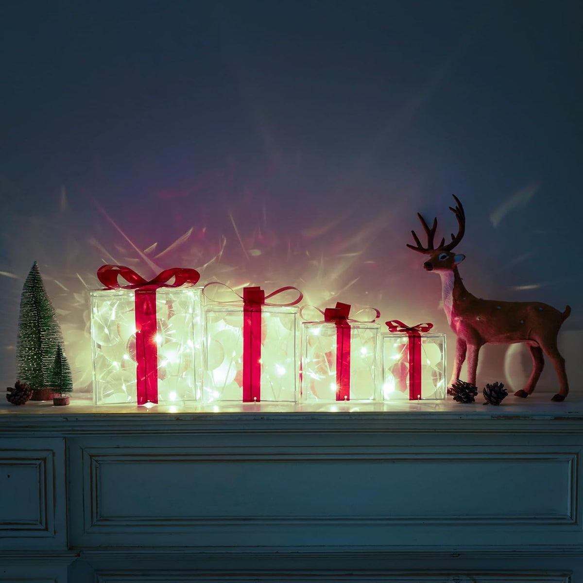 Paquete de 4 cajas iluminadas, decoraciones navideñas blancas frías...
