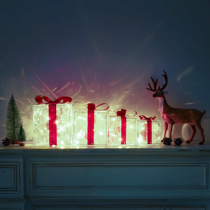 Paquete de 4 cajas iluminadas, decoraciones navideñas blancas frías...
