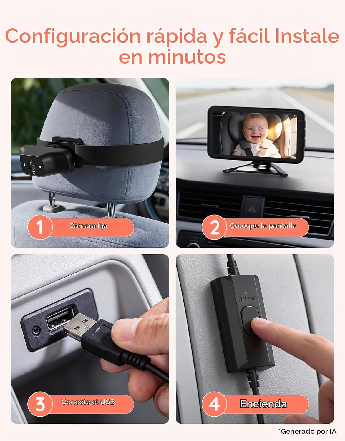 Babyvue Cámara de coche de bebé BV5, monitor 1080P de 5.2" para...