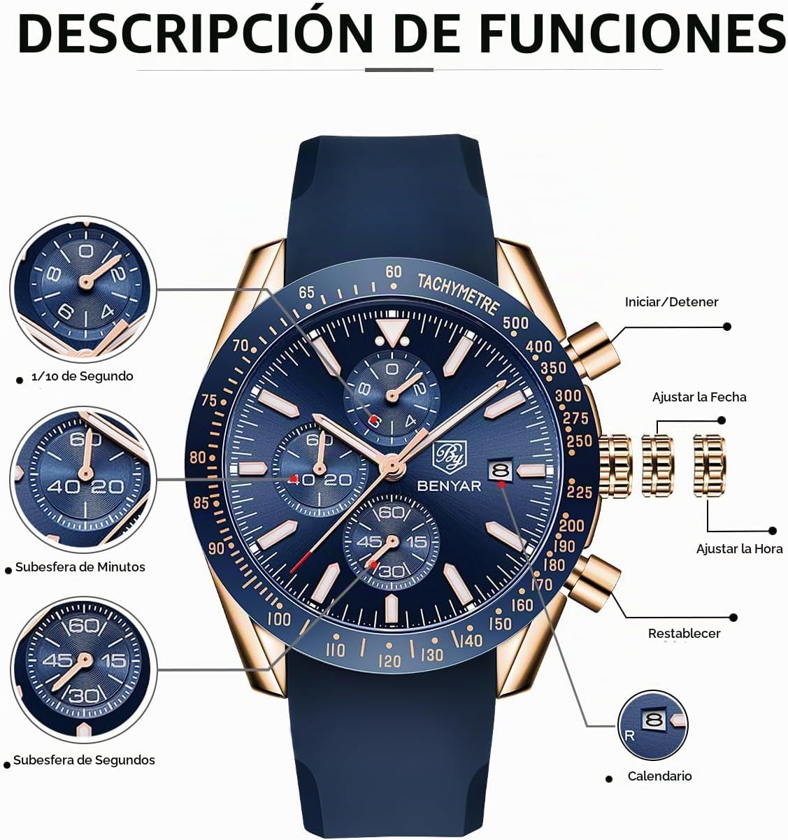 BENYAR Reloj para hombre analógico cronógrafo de cuarzo, impermeabl...