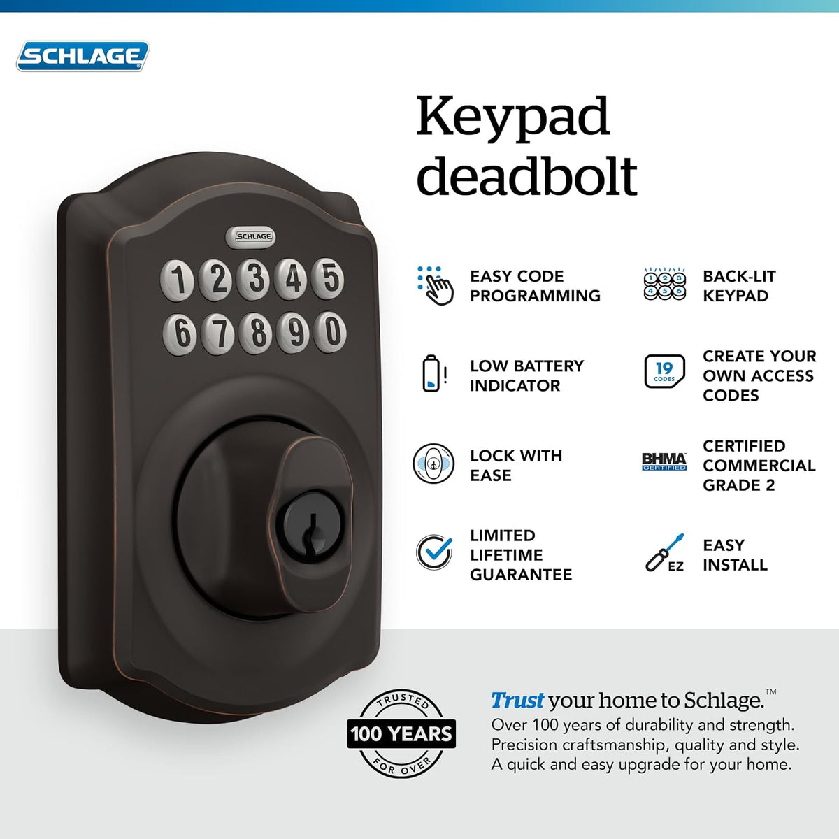 Schlage - Cerradura electrónica para teclado, borde Camelot, bronce...
