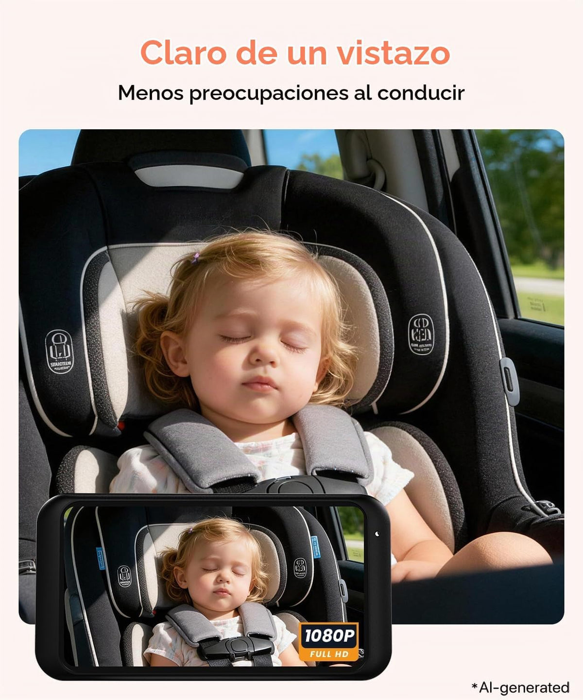 Babyvue Cámara de coche de bebé BV5, monitor 1080P de 5.2" para...