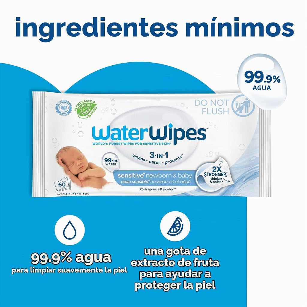 WaterWipes Sensitive+ Toallitas 3 en 1 para recién nacidos y bebés,...