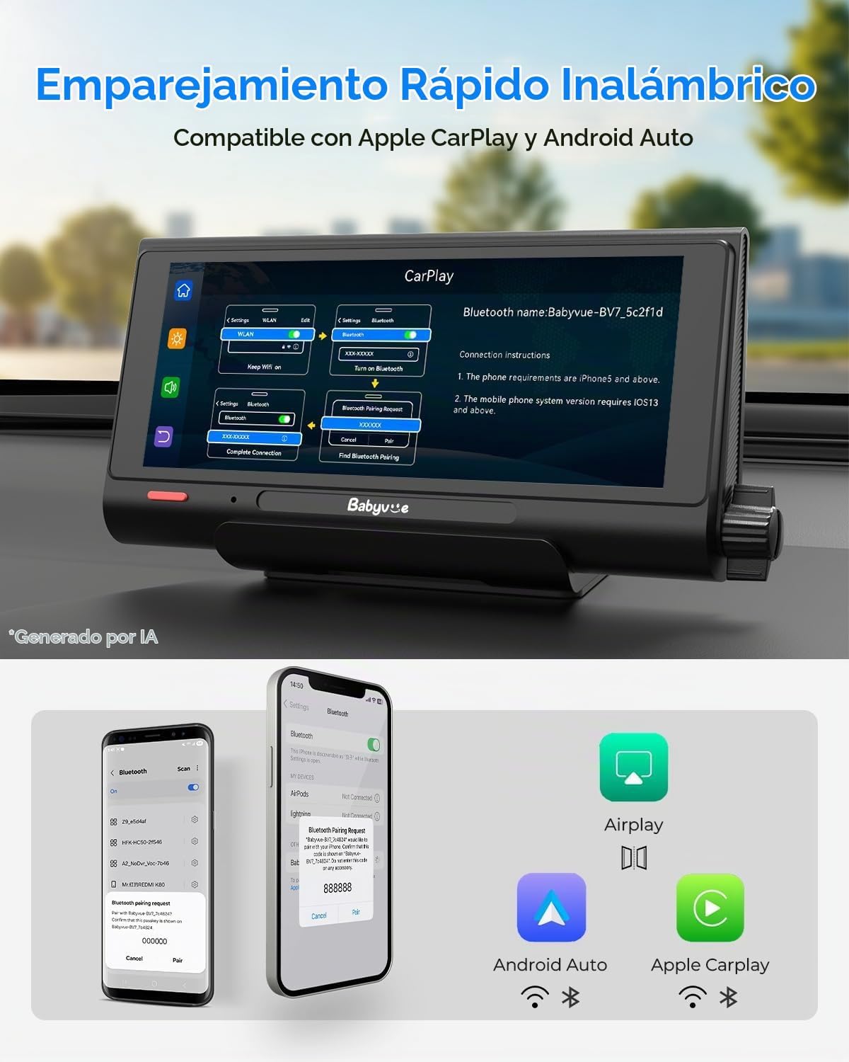 Cámara para coche de bebé Babyvue BV7 con Carplay, pantalla dividid...