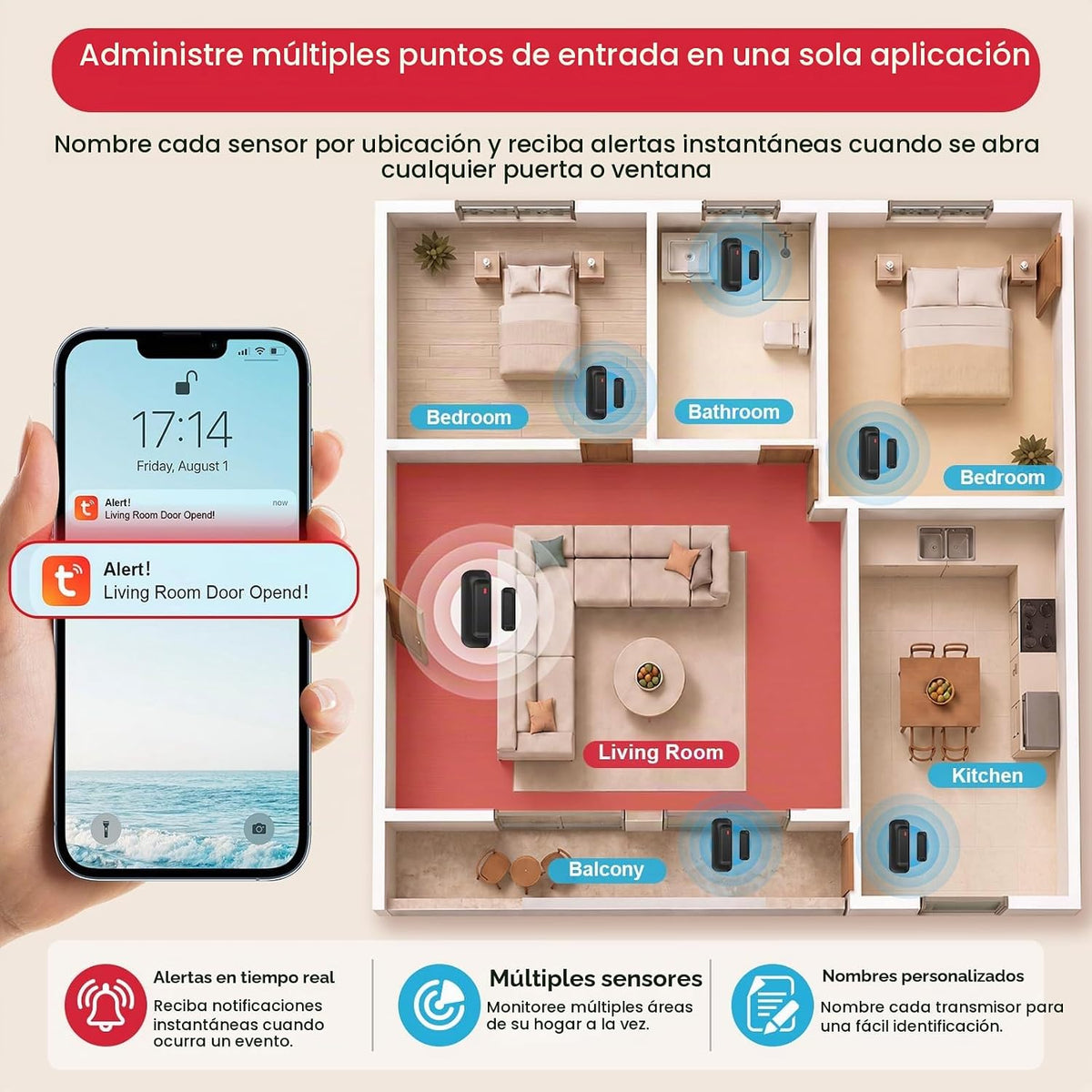 SanJie Timbre de puerta WiFi, sensor de alarma de puerta con notifi...