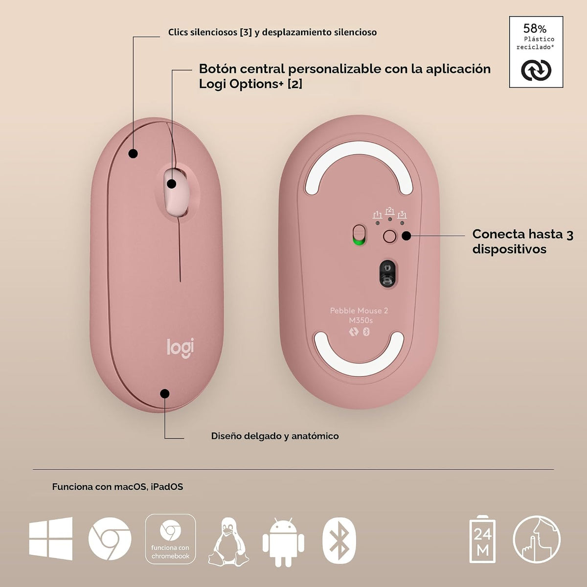 Ratón inalámbrico Bluetooth Logitech M350s Pebble 2 - Tonal Rose |...