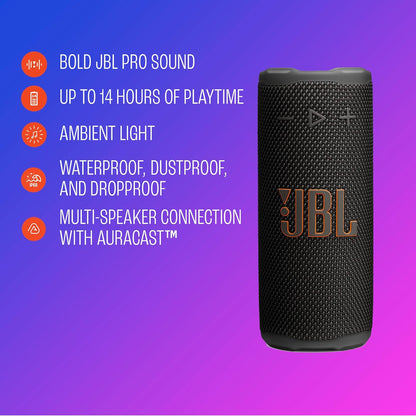 Altavoz Bluetooth portátil JBL Grip, resistente al agua, luz ambien...