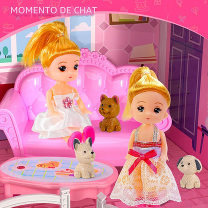 Doloowee - Casa de muñecas DIY de 4 pisos con 2 muñecas, mascotas y...