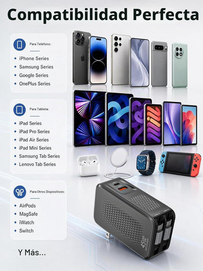 Cargador USB C retráctil, cargador de iPhone de 45 W, carga rápida,...