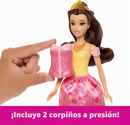 Mattel Disney Princess Toys, Belle Fashion Doll con 2 estilos, 9 ac...