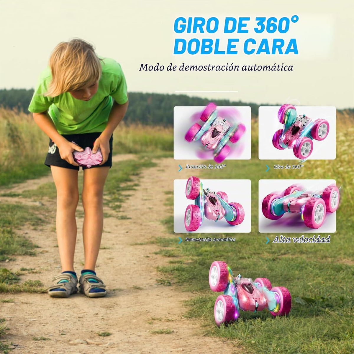 Zalneo Coche RC color rosa 4WD, control remoto, barra de luz LED de...
