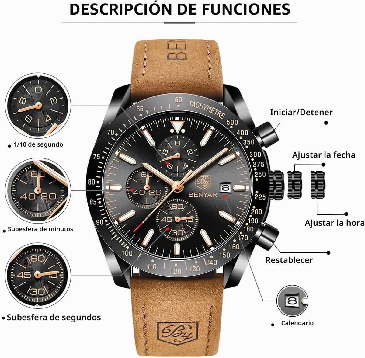 BENYAR Reloj para hombre analógico cronógrafo de cuarzo, impermeabl...