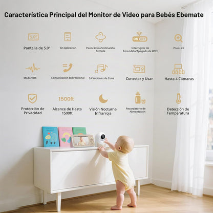 ebemate Monitor de video para bebés con cámara y audio, pantalla IP...
