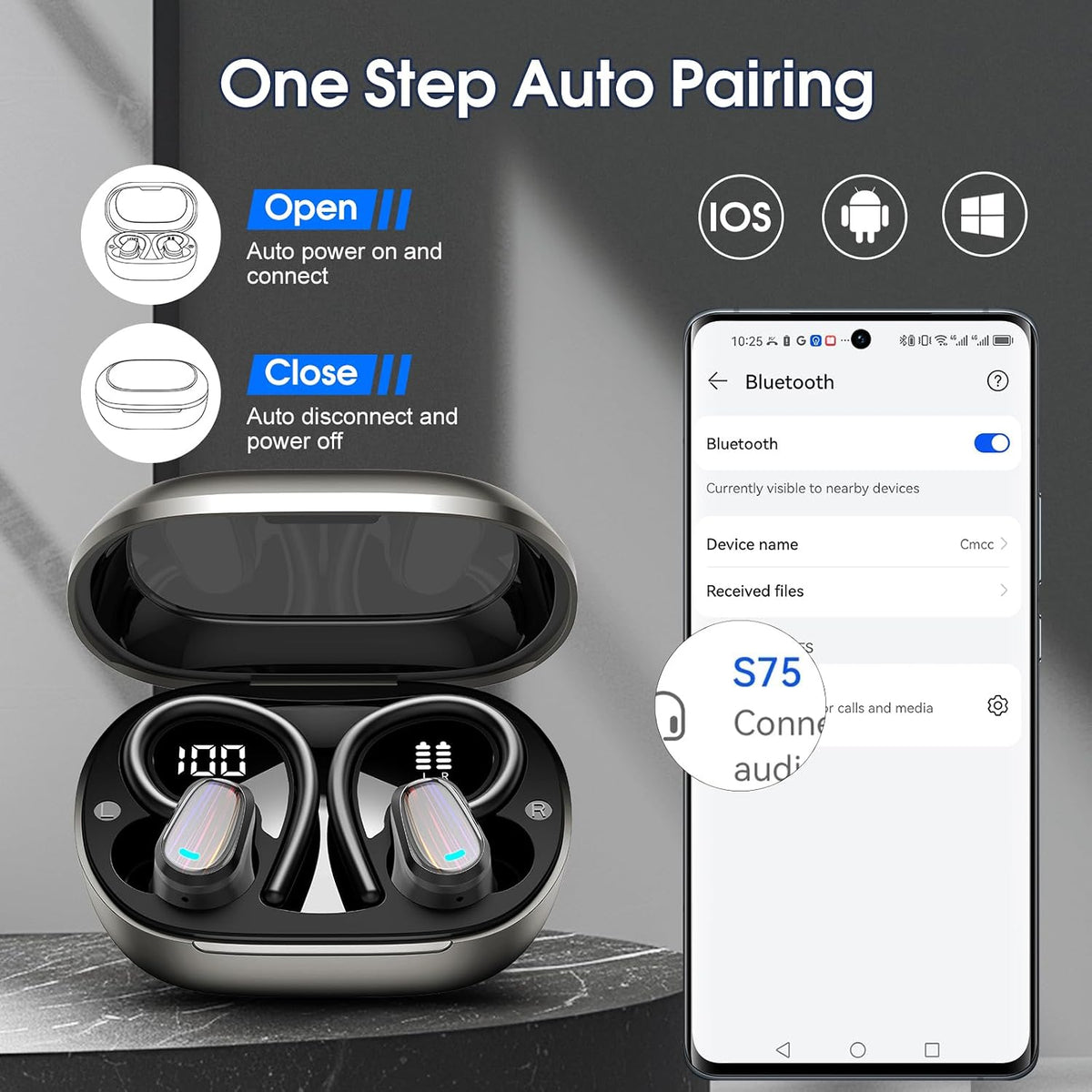 Auriculares inalámbricos Bluetooth 5.4 con gancho para la oreja par...