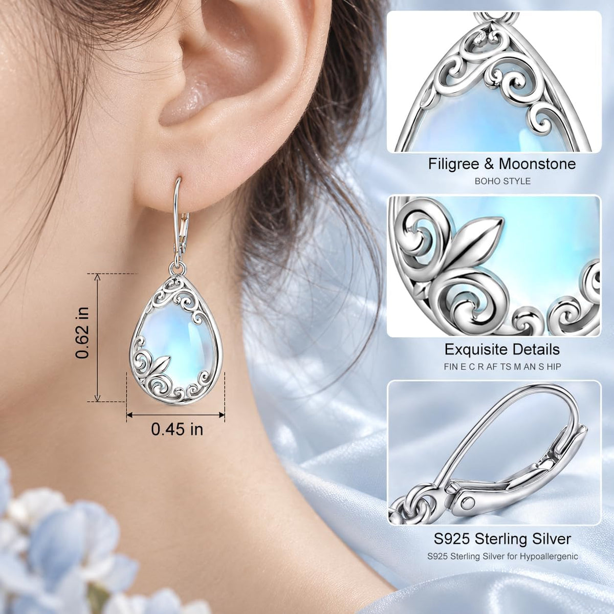 Aretes colgantes de filigrana de piedra lunar de plata de ley con l...