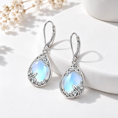 Aretes colgantes de filigrana de piedra lunar de plata de ley con l...