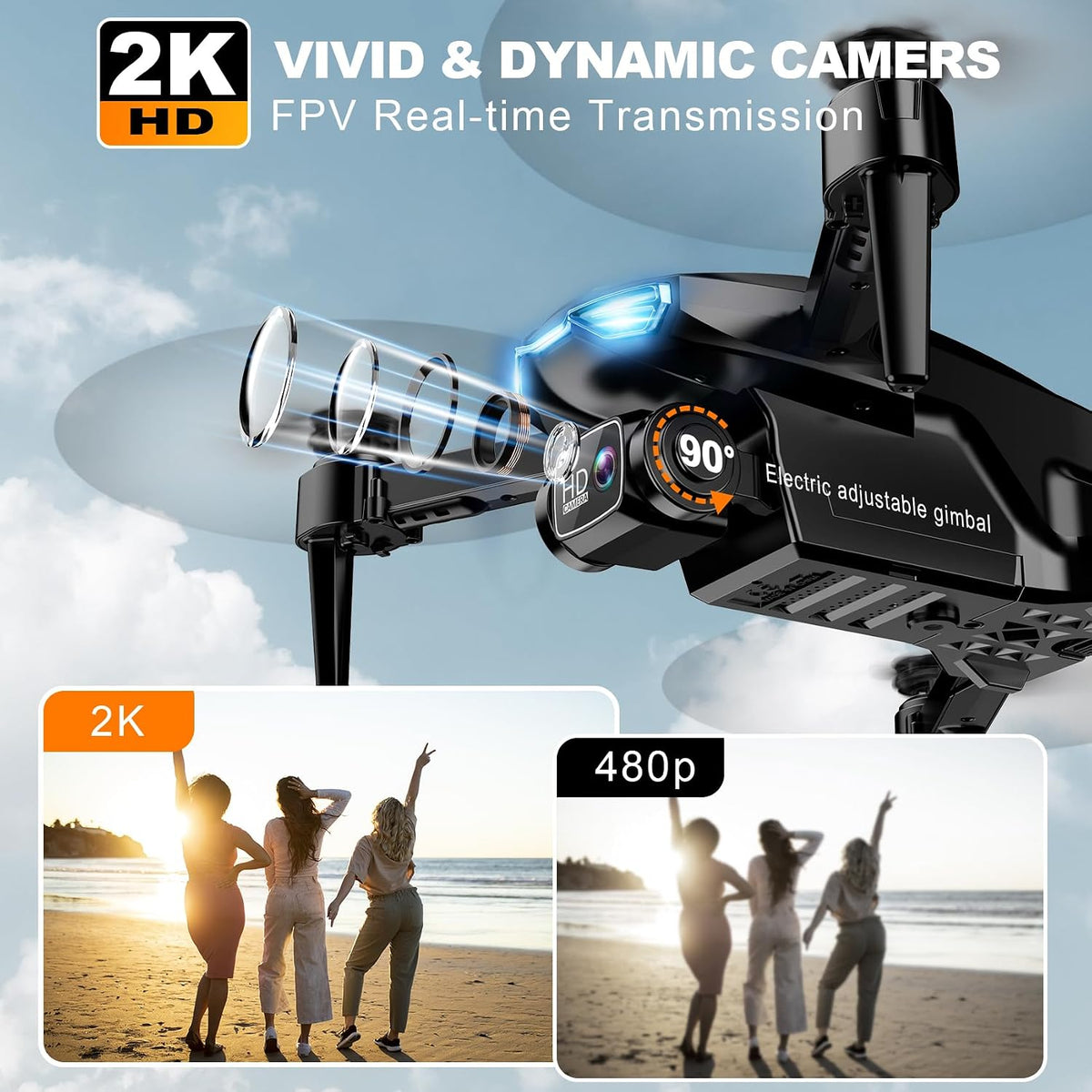 Dron con cámara para adultos, 2K HD FPV Drones con retención de alt...