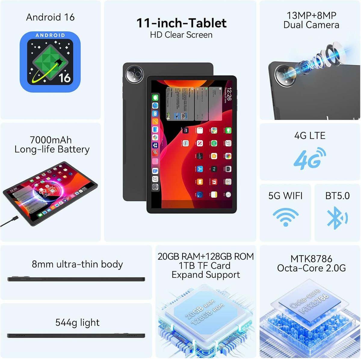 Tablet 11 pulgadas Android 16 Tablet 2026 Última actualización Octa...