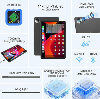 Tablet 11 pulgadas Android 16 Tablet 2026 Última actualización Octa...