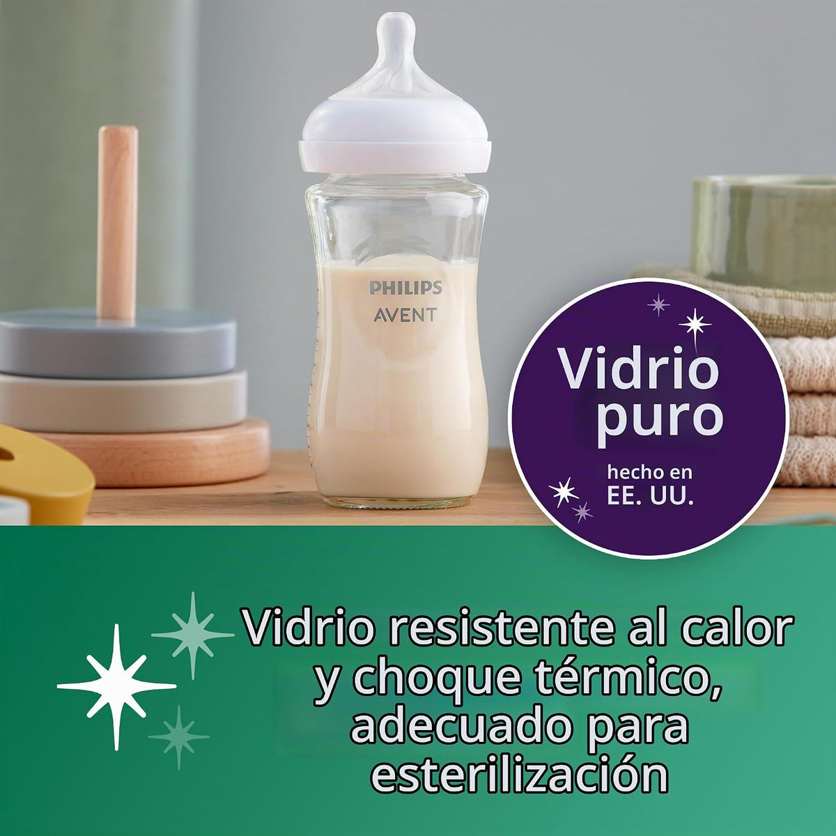 Philips Avent Biberón de vidrio natural, flujo medio, 8 onzas, sin...