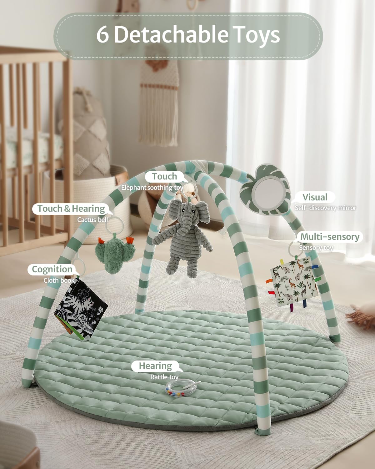 Blissful Diary Baby Play Gym Mat, tapete de juego con 6 juguetes de...