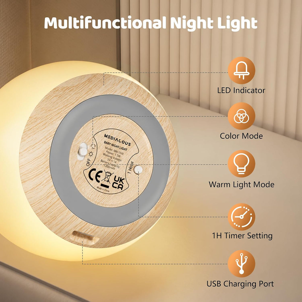 MediAcous Luz nocturna para niños, 7 colores cambiantes de luz de h...