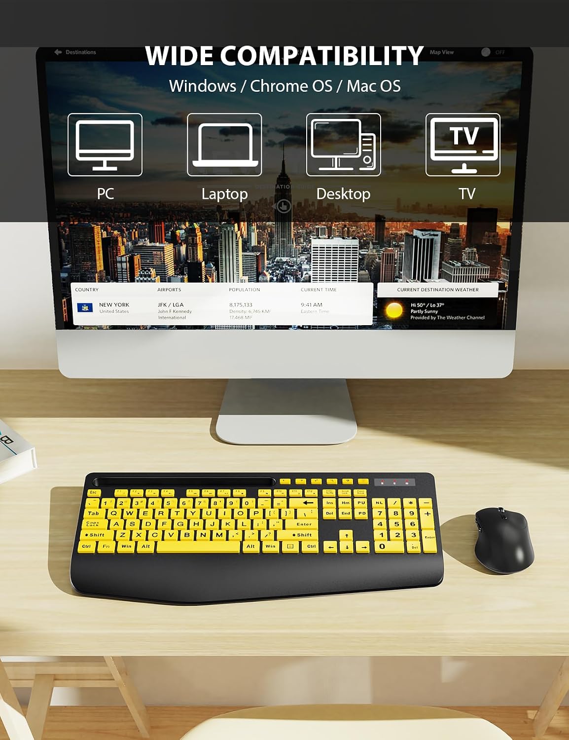 Combo de teclado y mouse inalámbricos: teclado ergonómico de impres...