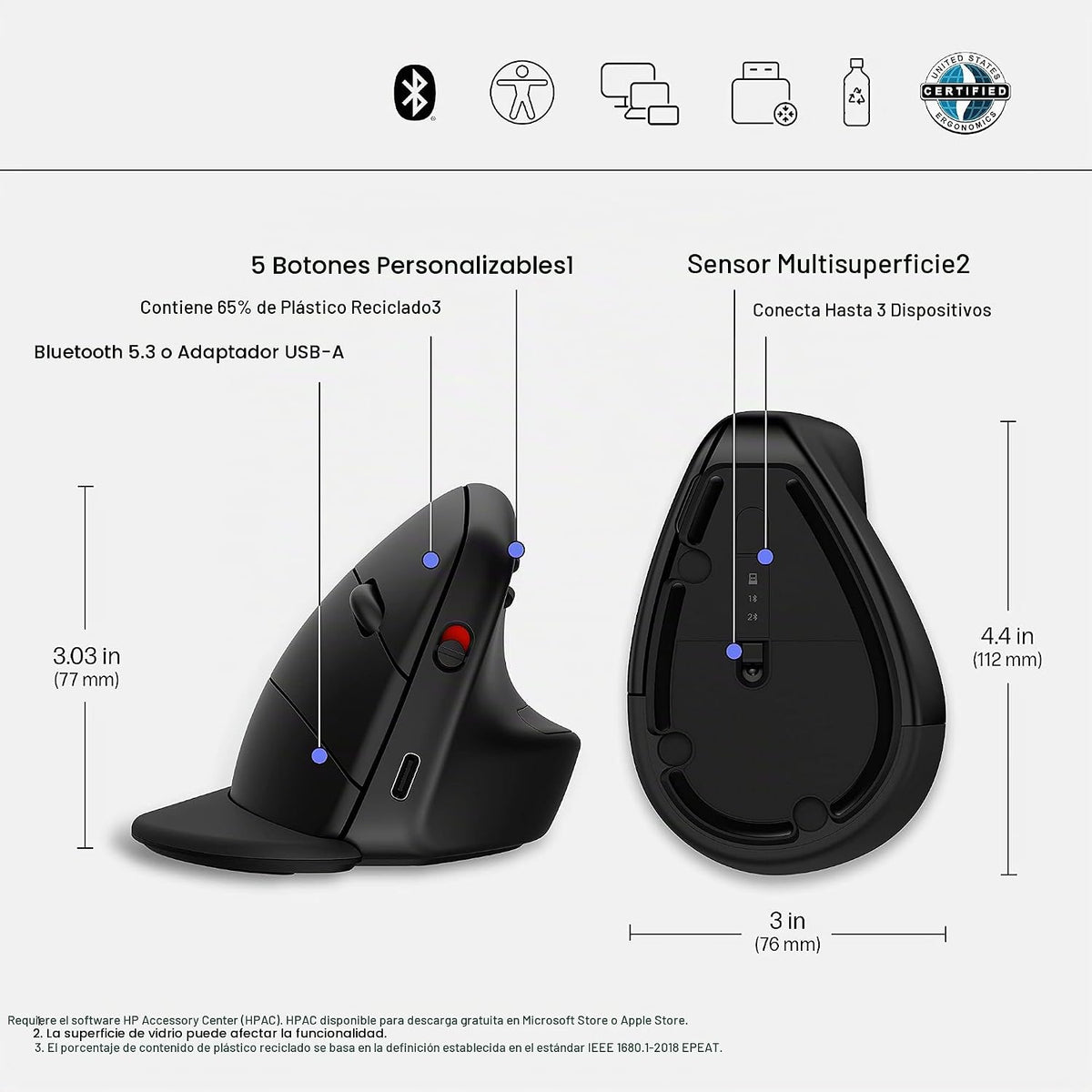HP 920 - Ratón ergonómico vertical inalámbrico Bluetooth 5.3 y dong...